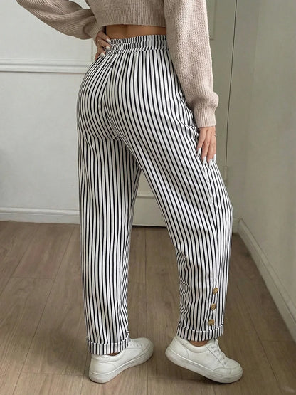 Women Plus Size High Waist Striped Pants Drawstring Casual Wide Leg Trousers Autumn Fashion Female Chill Streetwear Black White