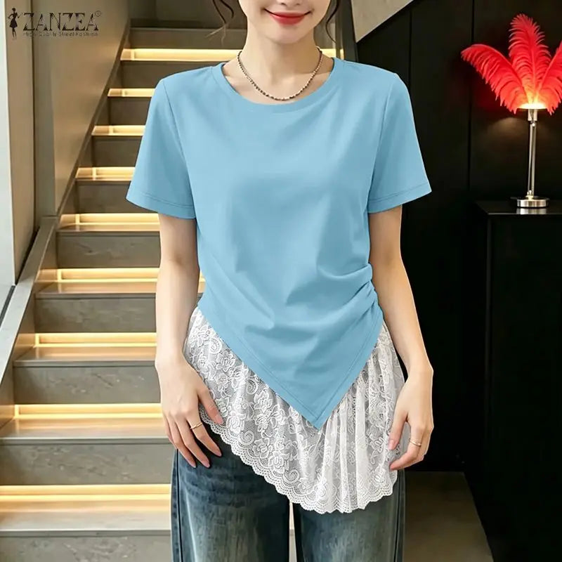 ZANZEA Woman Casual Chic Short Sleeve T-Shirts O-Neck Lace Patchwork Asymmetrical Hem Tops 2026 Summer Fashion Streetwear Tees
