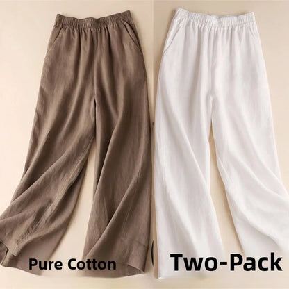 Cotton Linen Wide Leg Pants Women Summer New Loose Straight Nine Points Thin Casual Big Foot Pants High Waist Pocket Detail