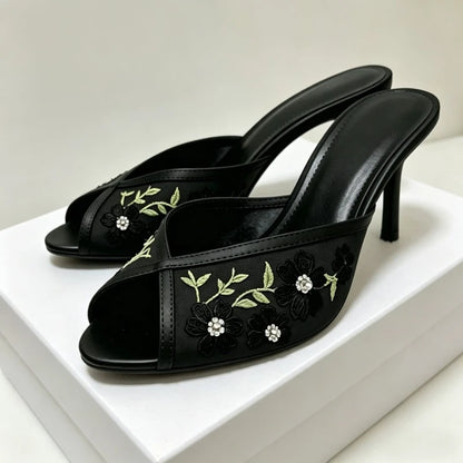 Hand Embroidered Floral Detail Mesh Women's Slippers Sexy Peep-toe Heeled Sandals for Ladies Summer Street Style Designer Heels