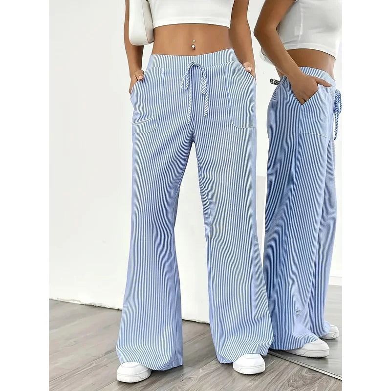 New Women's Casual Striped Blue Pocket Pants Fashionable Popular Sports Trousers for Ladies