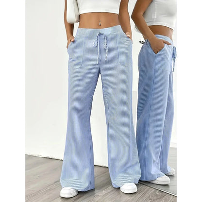 New Women's Casual Striped Blue Pocket Pants Fashionable Popular Sports Trousers for Ladies