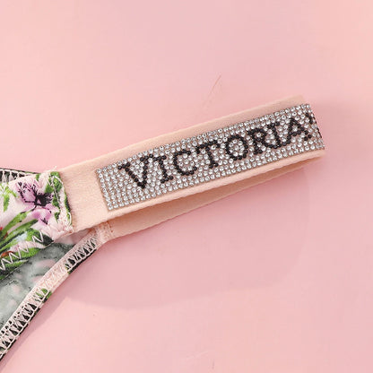 Victoria Secret Sexy Women Underwear Very Sexy Logo Shine Strap Tropical Floral Push Up Bra Shine Script Thong Panty