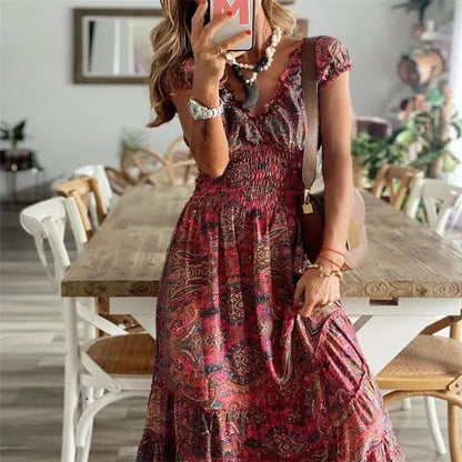 2026 New European and American Bohemian Style Long Dress, Waist-Cinching, Floral Print, Large Hem Dress