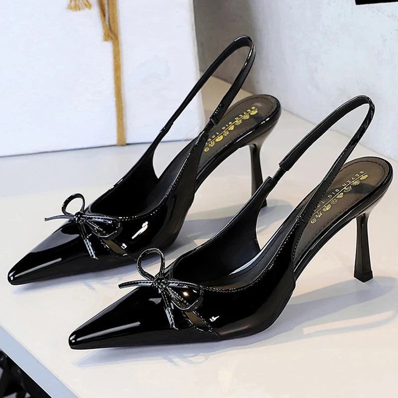 BIGTREE Shoes Hollow Bowknot Women's Shoes With Pointed Tips Women Pumps Patent Leather High Heels Women Sandals Large Size 43
