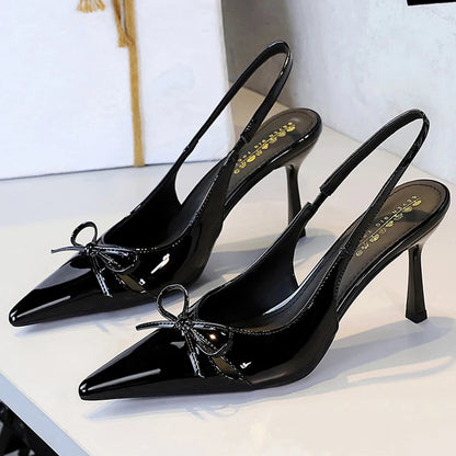 BIGTREE Shoes Hollow Bowknot Women's Shoes With Pointed Tips Women Pumps Patent Leather High Heels Women Sandals Large Size 43