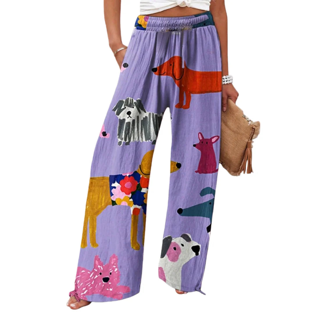 2025 Women's New Floral Print Loose Pants Casual Elastic Waist Wide Leg Straight Trousers Drawstring Design Relaxed-Fit Pants
