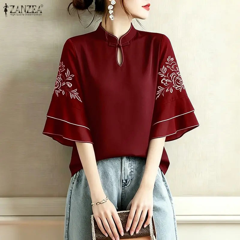 ZANZEA Women Floral Embroidered 3/4 Flared Sleeve Blouses Vintage Mandarin Collar Keyhole Neckline Tops Elegant Blusas de Mujer