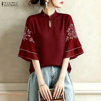 ZANZEA Women Floral Embroidered 3/4 Flared Sleeve Blouses Vintage Mandarin Collar Keyhole Neckline Tops Elegant Blusas de Mujer