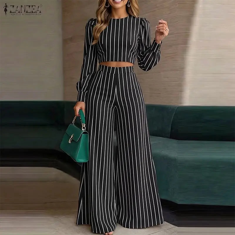 ZANZEA Autumn 2PCS Outfits Striped Work Pant Sets Stylish Women O Neck Long Sleeve Cropped Tops Wide Leg Trousers Matching Sets