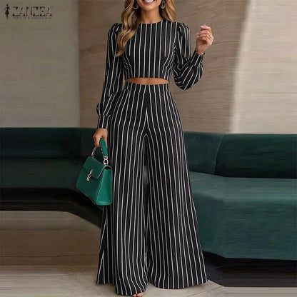 ZANZEA Autumn 2PCS Outfits Striped Work Pant Sets Stylish Women O Neck Long Sleeve Cropped Tops Wide Leg Trousers Matching Sets