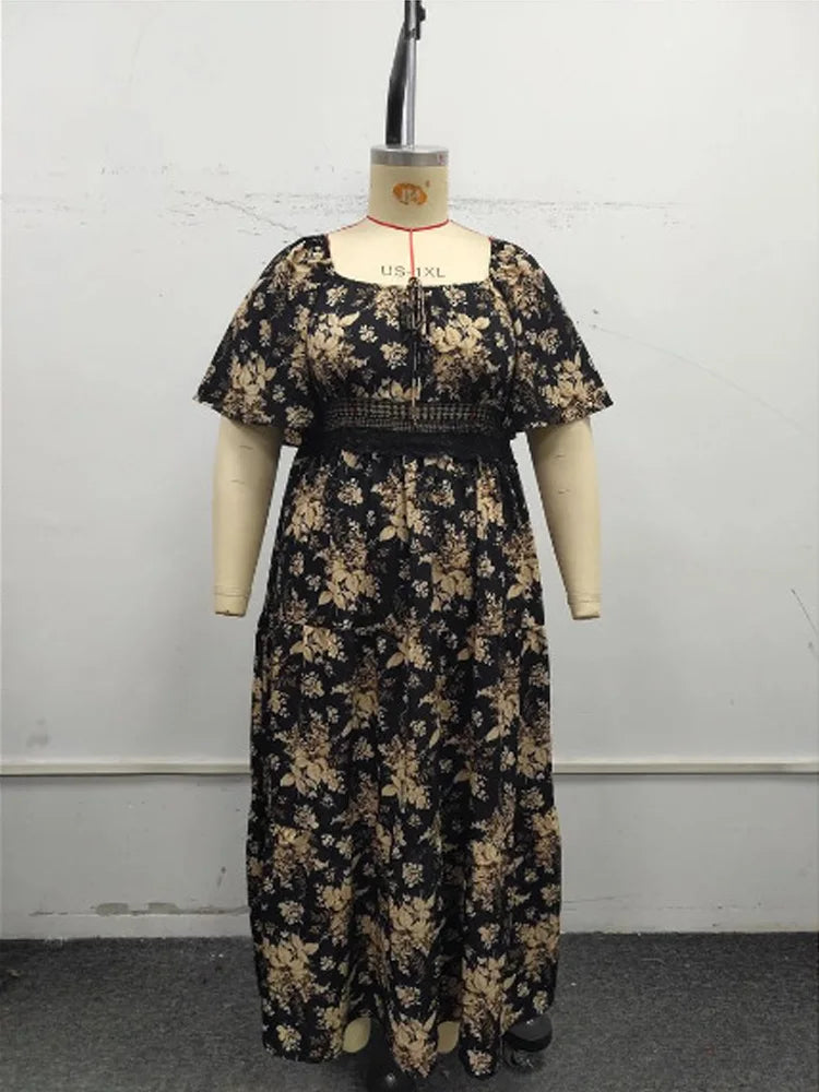 GIBSIE Plus Size Square Neck Floral Print Maxi Dress Women Summer 2026 Knot Front Hollow Out Boho Vacation Big Swing Dresses