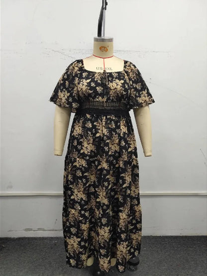 GIBSIE Plus Size Square Neck Floral Print Maxi Dress Women Summer 2026 Knot Front Hollow Out Boho Vacation Big Swing Dresses