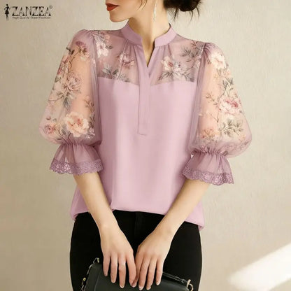 ZANZEA Elegant Women Blouses Floral Printed Chiffon Patchwork Tops Fashion V-Neck 3/4 Puff Sleeve Lace Trim Woman Clothes S-3XL