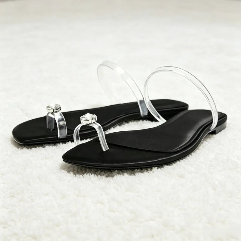 Shiny Rhinestone Decorated Flat Sandals Women Fashion Transparent PVC Clip Toe Flip Flops Summer Light Comfortable Women Shoes