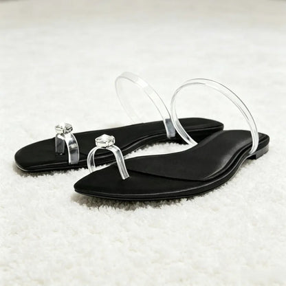 Shiny Rhinestone Decorated Flat Sandals Women Fashion Transparent PVC Clip Toe Flip Flops Summer Light Comfortable Women Shoes