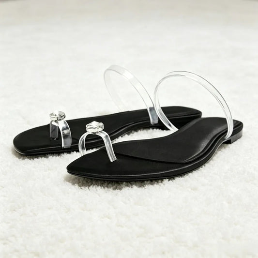 Shiny Rhinestone Decorated Flat Sandals Women Fashion Transparent PVC Clip Toe Flip Flops Summer Light Comfortable Women Shoes