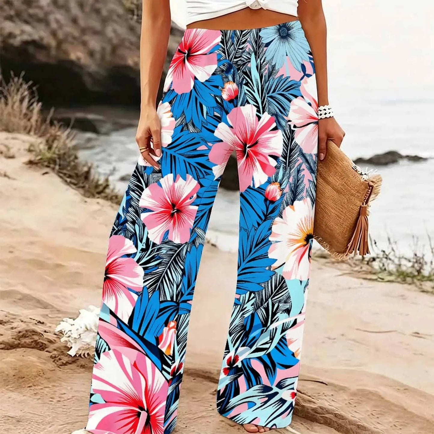 Women's Summer Beach Wide Leg Trousers Floral Print Elastic High Waist Loose Fit Casual Vacation Palazzo Pants