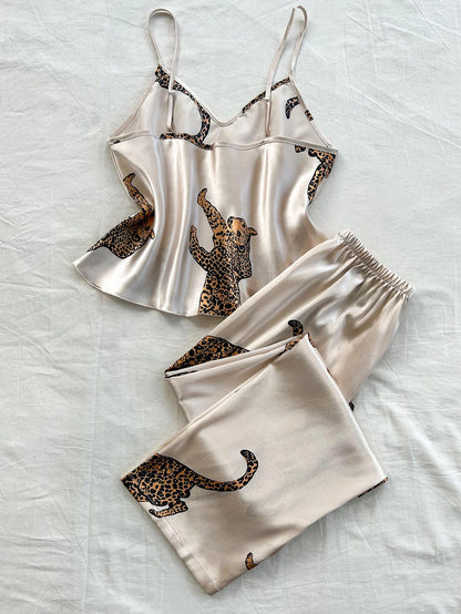 Comfortable Fashionable 2pcs V Neck Leopard Print Suspender Long Pants Pajama Set