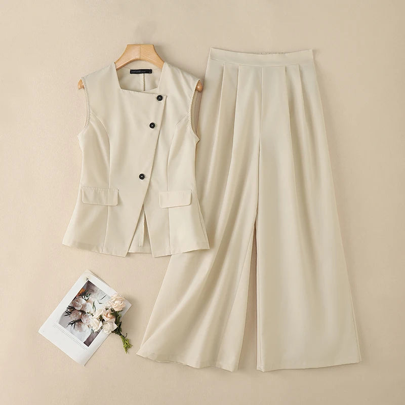 Fashion Women 2 Pieces Sets ZANZEA Summer Sleeveless Buttons -Up Tanks Tops Pants Sets Elegant Solid OL Work Tracksuit Outfits