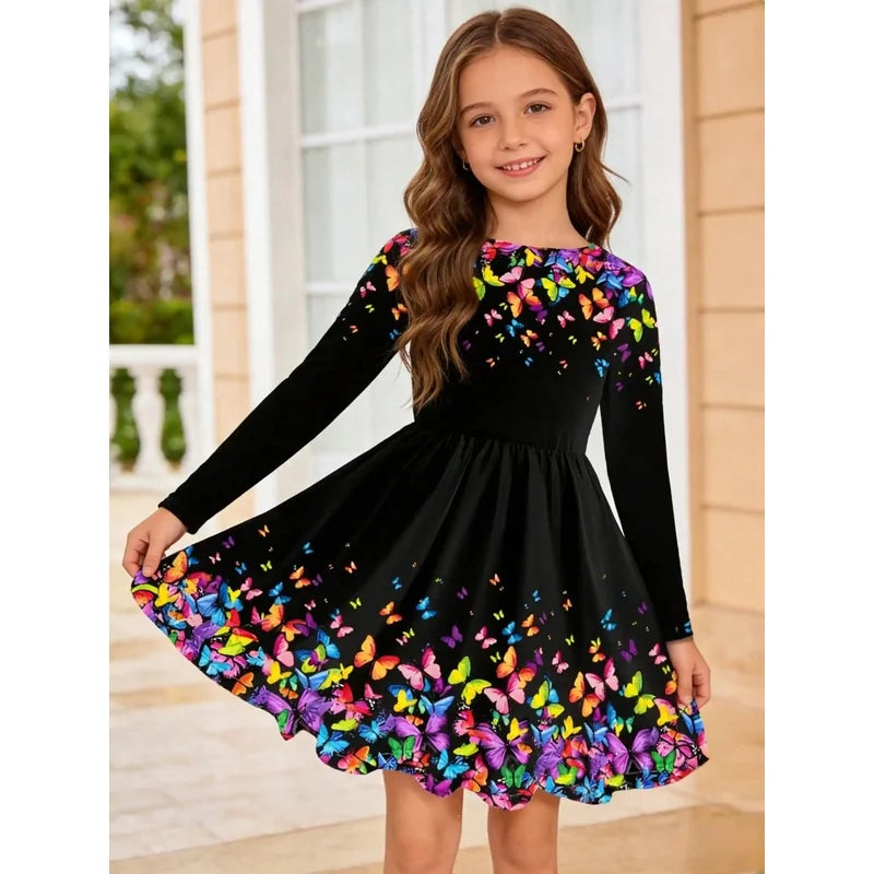 Black butterfly girl long sleeved dress, floral round neck all season casual fashion dress