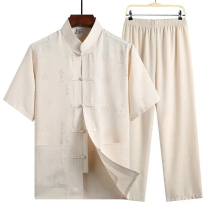 Men's Red Two-piece Summer Set: A Short Jacquard Shirt in Chinese Style Paired with Elastic-waist Pants. White, Gray, Beige-Blue