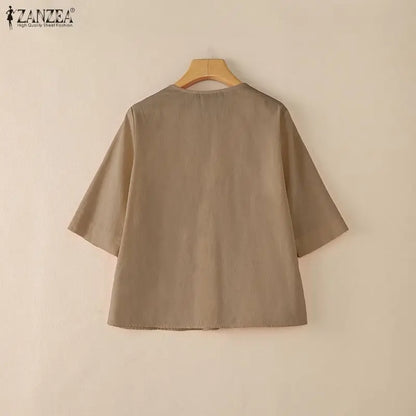 ZANZEA Women Breathable Cotton Linen Blouses V-Neck Half-Sleeve Loose Plain Tops Summer Daily Casual Vacation Beach Blusas Mujer