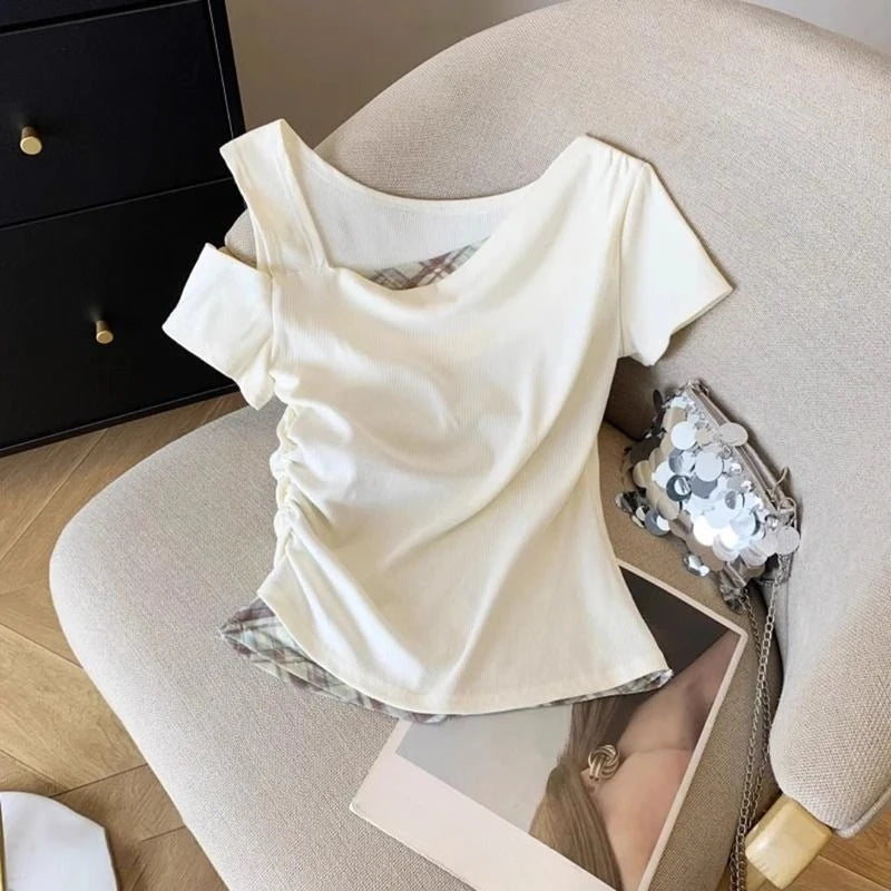 Girls Off Shoulder Fake Two Piece T-Shirt Short Sleeve Summer Kids Top Slim Fit Color Block Splicing Tee for Big Girls Age 7-14