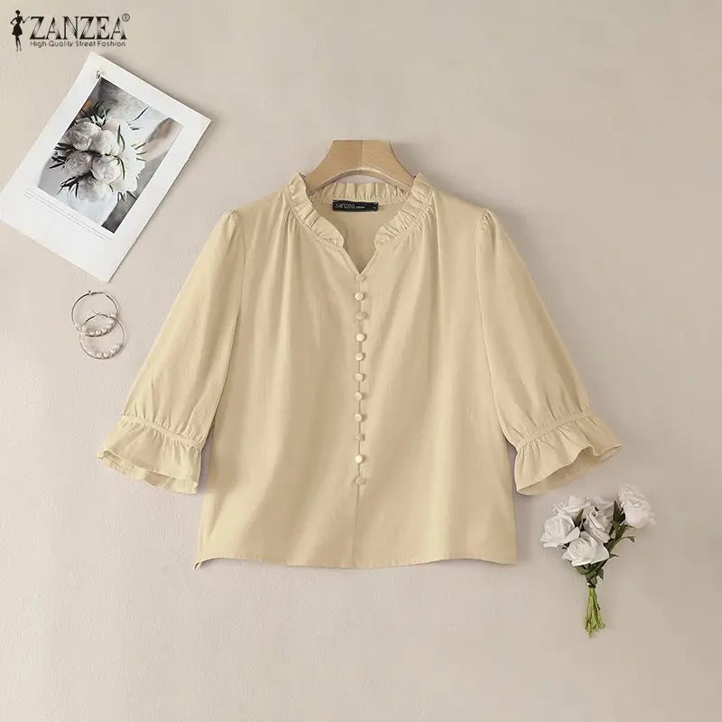 ZANZEA 2026 Women Cotton Linen Breathable Blouses Ruffled Trim V-Neck 3/4 Sleeve Thin Tops Summer Casual Solid Color Blusa Mujer