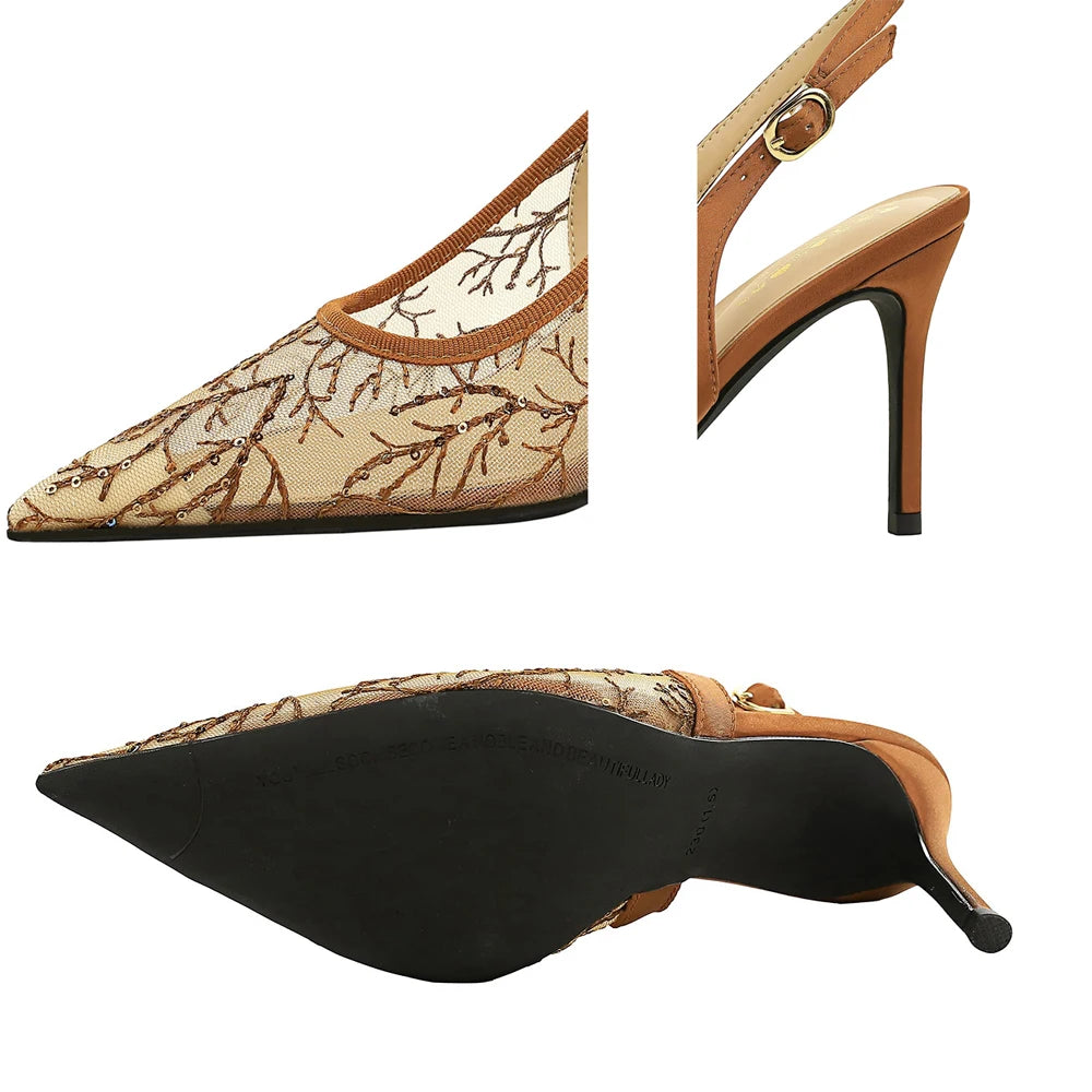 BIGTREE Shoes Lace Mesh High-heeled Sandals Women Shoes Summer Buckle Sexy Party Shoes Women Pumps Stiletto Heels 8 CM