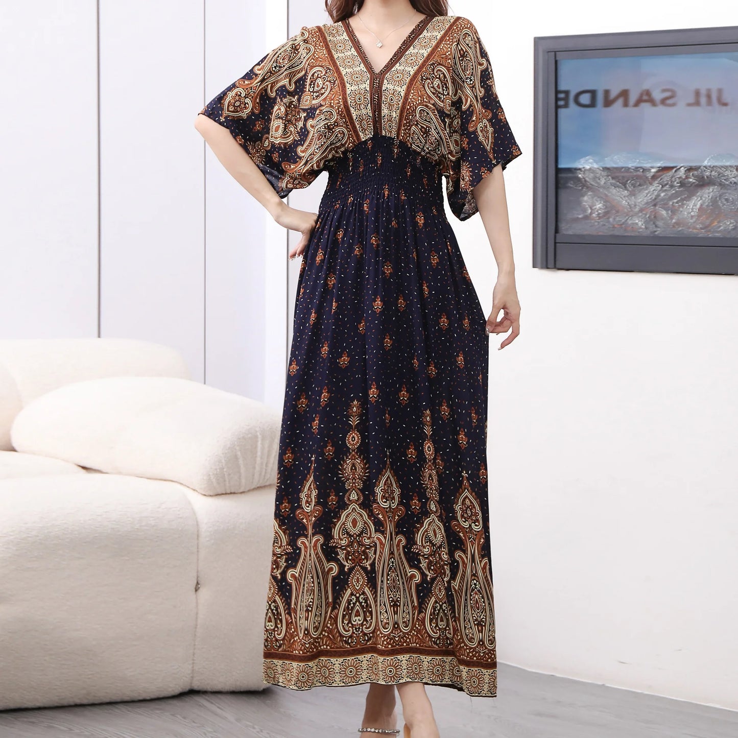 Women Bohemian Ethnic Printed Holiday Dress V-Neck Elastic Waist Casual Batswing Sleeve Mid Dress Elegant Vintage Retro Dress