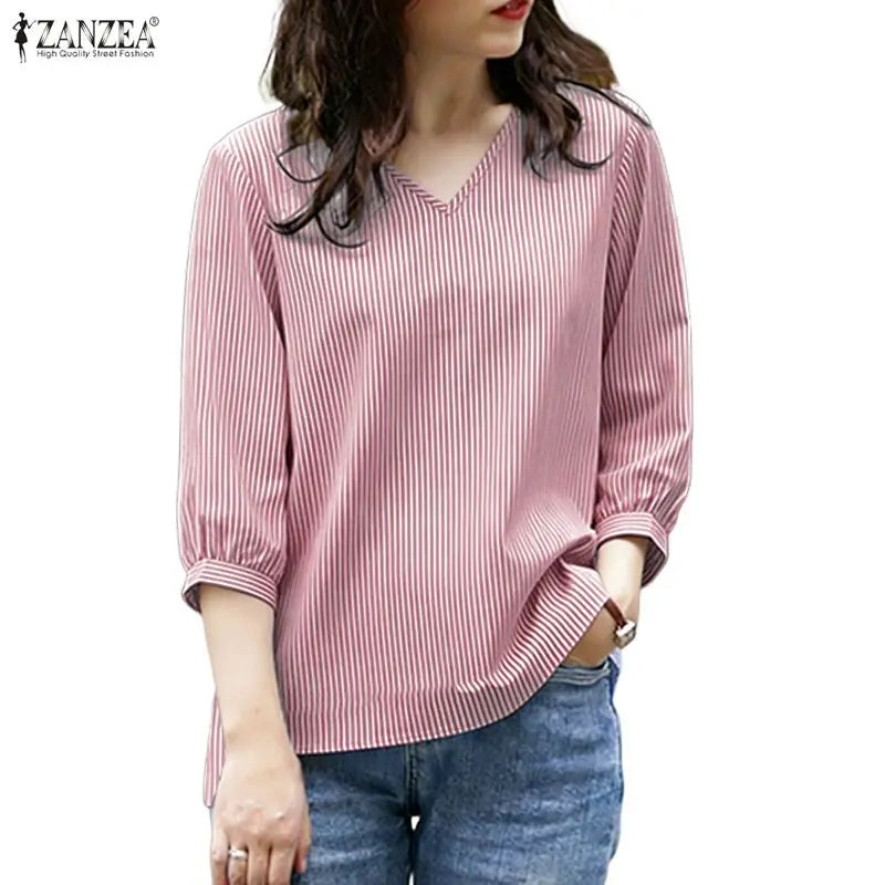 ZANZEA Woman Minimalist Striped Blouses Casual V-Neck 3/4 Puff Sleeve High-Low Tops Spring Summer Day Wear Blusas de Mujer