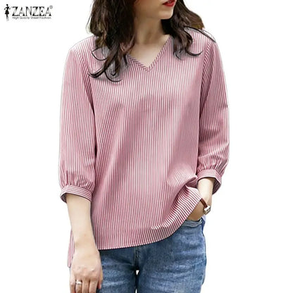 ZANZEA Woman Minimalist Striped Blouses Casual V-Neck 3/4 Puff Sleeve High-Low Tops Spring Summer Day Wear Blusas de Mujer