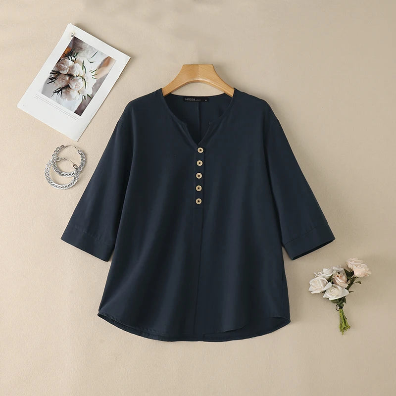 ZANZEA Woman Cotton Linen 3/4 Sleeve Blouses V-Neck Half-Button Solid Color Tops Spring Summer Daily Casual Wear Blusas de Mujer