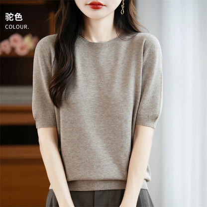 Autumn Women 100% Merino Wool Sweater O-Neck Cashmere Pullover Basic Fashion Short Sleeve Clothing Comfort Top Casual Solid