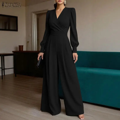 ZANZEA Women's Elegant Wrap V-Neck Jumpsuits Long Sleeve Cinch Waist Solid Color Wide Leg Pant Overalls Woman Fashion Jumpsuit