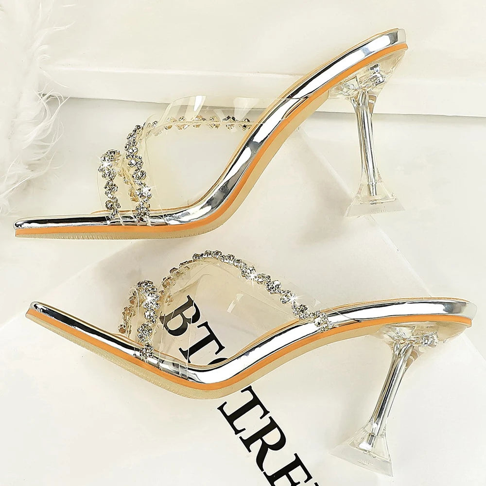 Luxury Women High-Heeled Sandals Summer Rhinestone Design Women Sandals Square Toed Sexy Slippers Transparent Tape Women Pumps