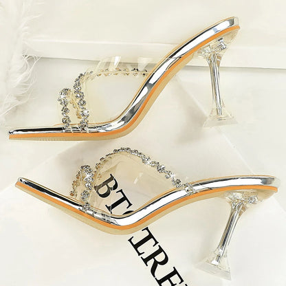 Luxury Women High-Heeled Sandals Summer Rhinestone Design Women Sandals Square Toed Sexy Slippers Transparent Tape Women Pumps