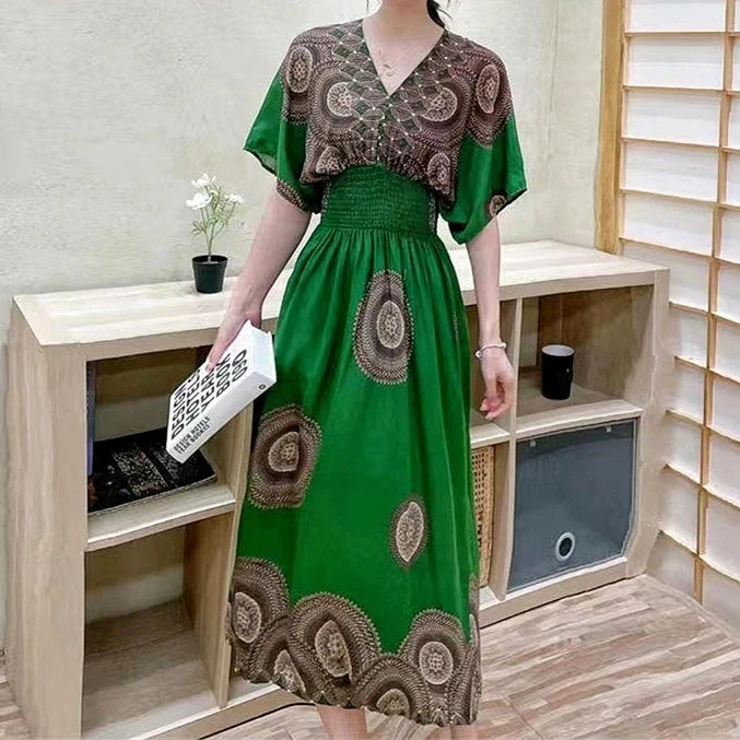 Casual Elegant Retro Bohemian National Style V-neck Elastic  Waist Large Swing Printed Summer Long Skirt Woman Dress Clothes