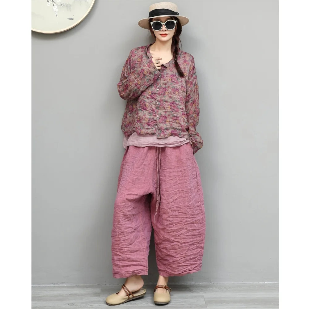 Women Summer Floral Lightweight Ramie Long-sleeve Shirt + Loose Cropped Pants Two-piece Set XY442
