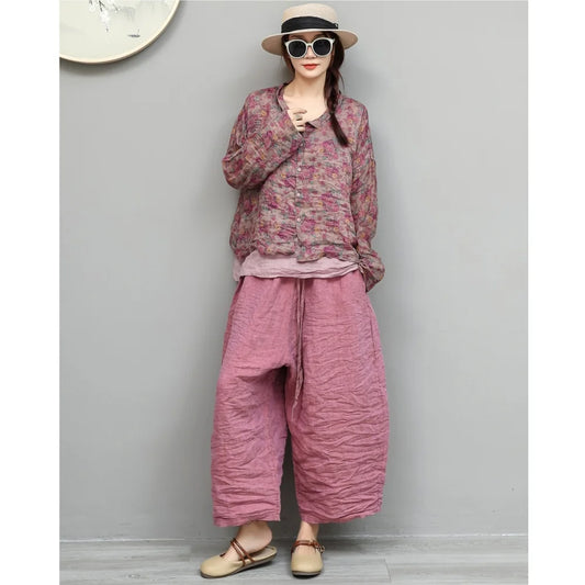 Women Summer Floral Lightweight Ramie Long-sleeve Shirt + Loose Cropped Pants Two-piece Set XY442
