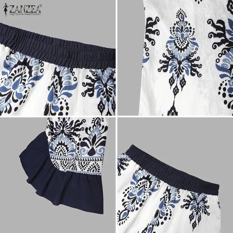 ZANZEA Women's Pants Vintage Printed Trouser Patchwork Casual Loose Ladies Bottoms Fashion Long Elegant Pants