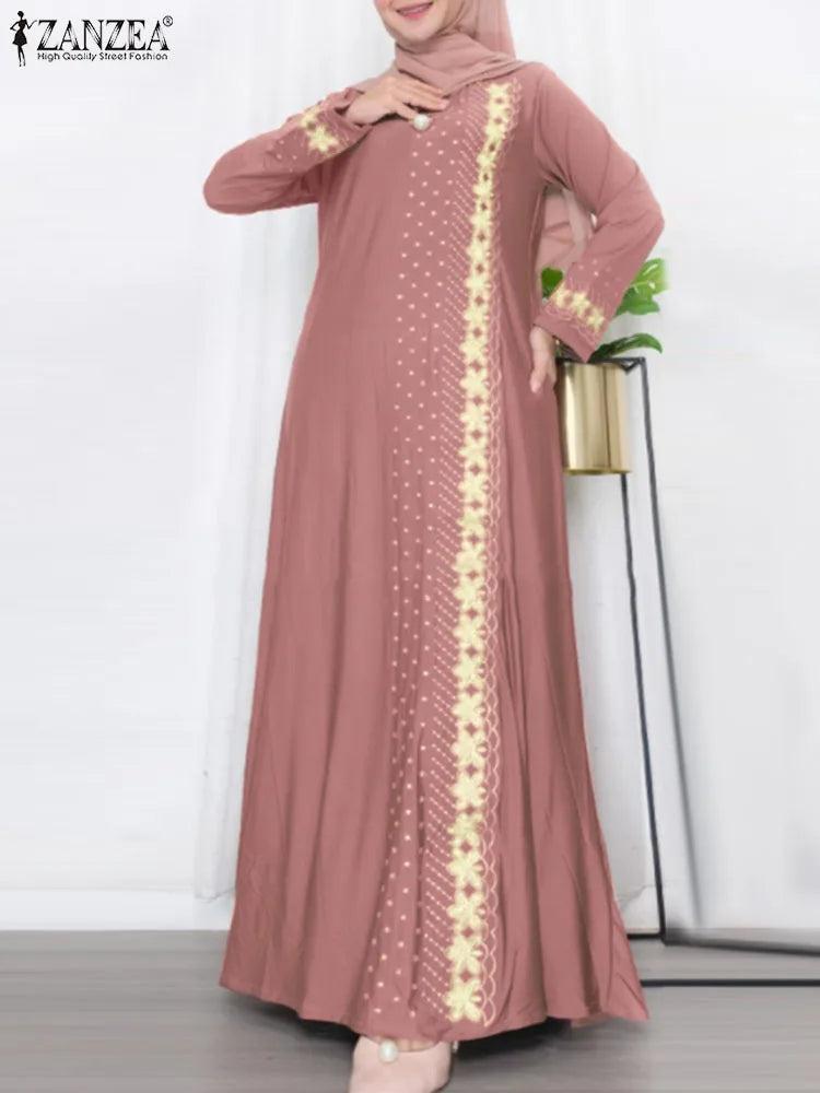 ZANZEA Muslim Fashion Dresses IsIamic Long Robe Abaya Vintage Floral Printed Vestidos Long Sleeve Maxi Sundress Abayas For Women