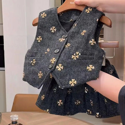 Kids Girls Elegant 2-Piece Set Dark Gray V-Neck Vest with Gold Sequin Flower Embroidery + Matching Skirt Fall/spring Outfit Girl