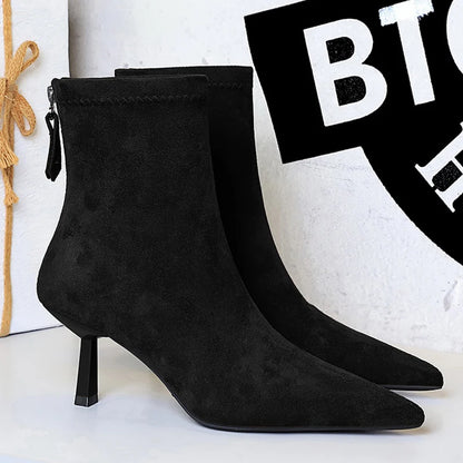 BIGTREE Shoes Retro Suede Pointed Toe Women Boots Rear Zipper Short Boots For Women Stiletto Heels 6.5 cm Sexy Lady Ankle Boots
