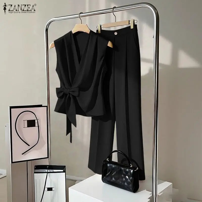 ZANZEA Women Minimalist Matching Pant Sets Wrapped V-Neck Sleeveless Tops & Wide Leg Pants 2 Piece Suits Casual Commute Outfits