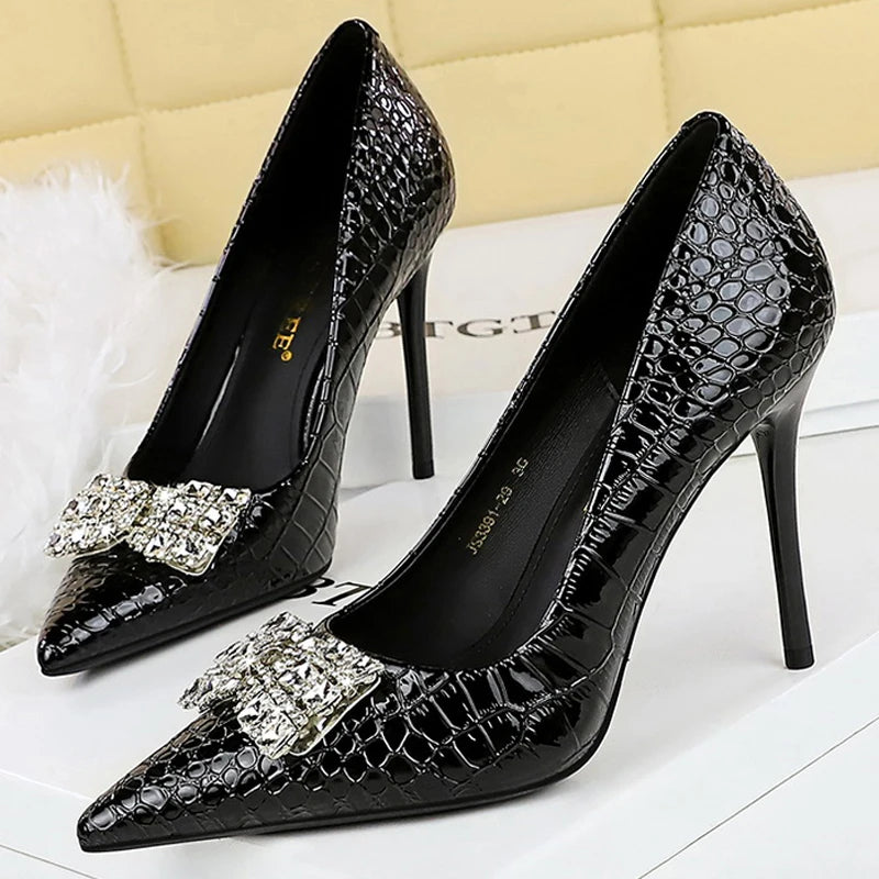 BIGTREE Shoes White High-Heeled Shoes 10 cm Stilettos Heels Stone Patterned Patent Leather Women Pumps Rhinestone Party Shoes