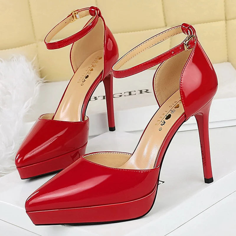 BIGTREE Shoes Platform Heels Women Pumps Patent Leather High-Heeled Sandals Women Summer Shoes Stiletto Heels 10.5 Cm Party Shoe