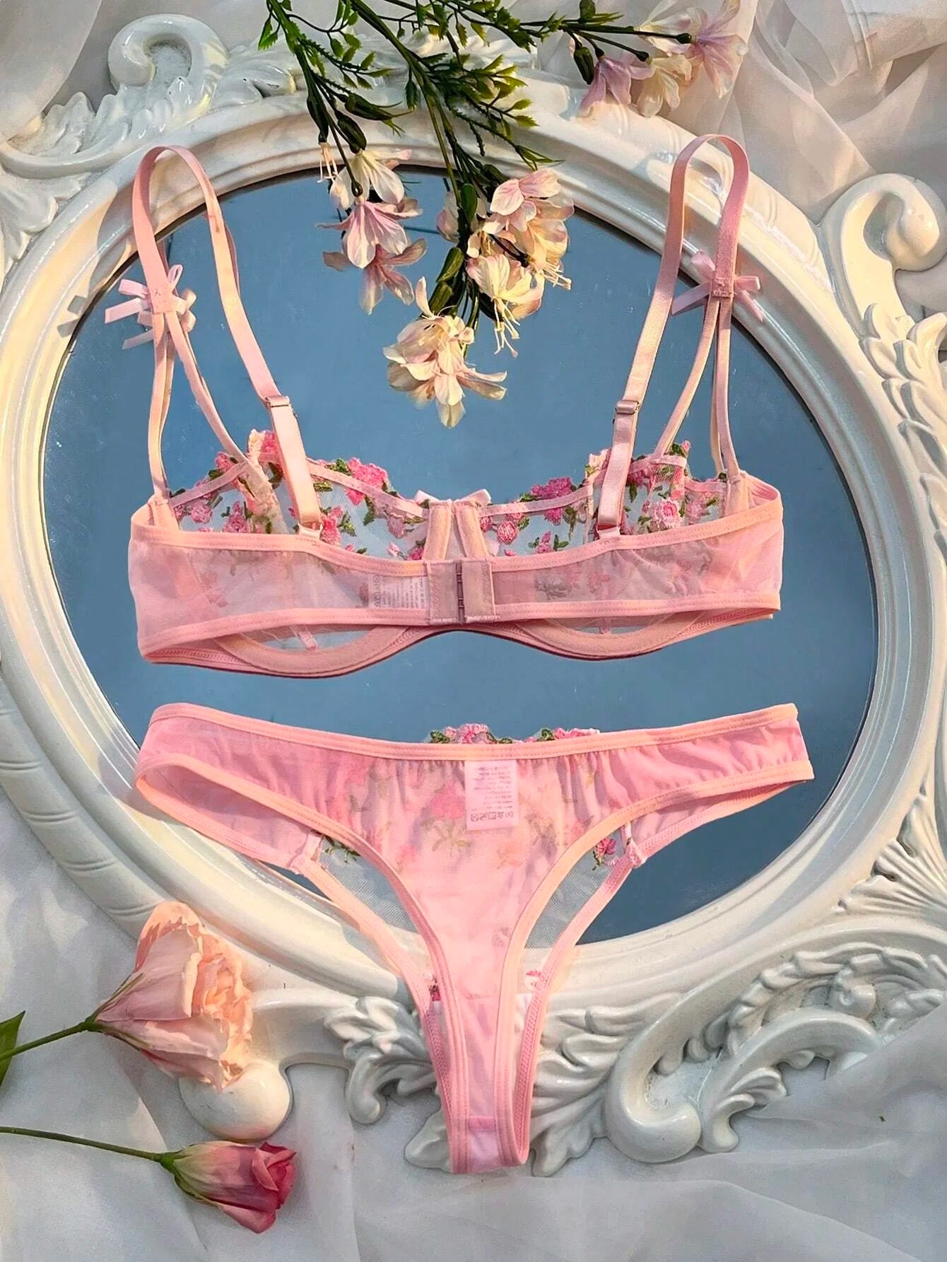 New Pink Transparent Bra Women Lingerie Set Ladies Embroidery Floral Bras Underwear Sets