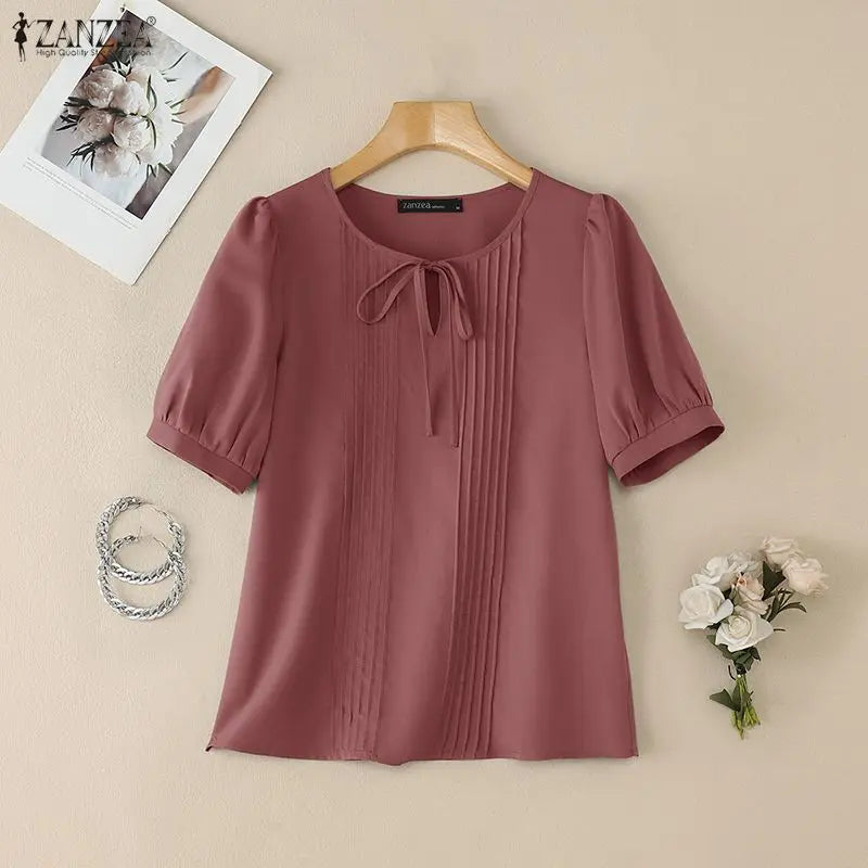 ZANZEA Elegant Solid Color Woman Blouses Lace Up O-Neck Short Puff Sleeve Pintuck Detail Women's Tops Summer Casual Blusas